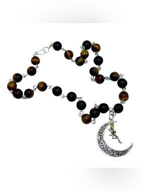 Handmade Filigree Moon & Ferry Necklace with Natural Tiger Eye Stones!